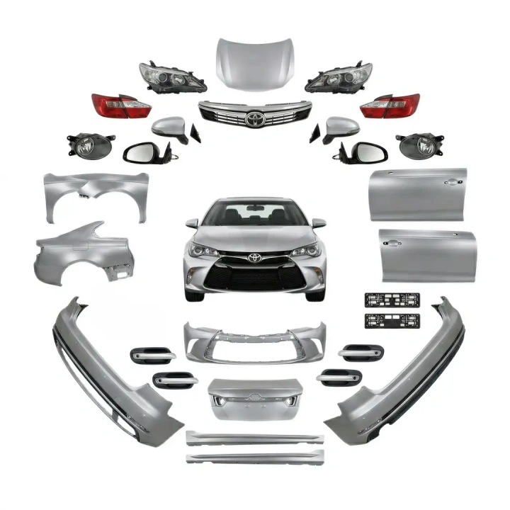 Bumpers, grills, panels, mirrors and doors around a car